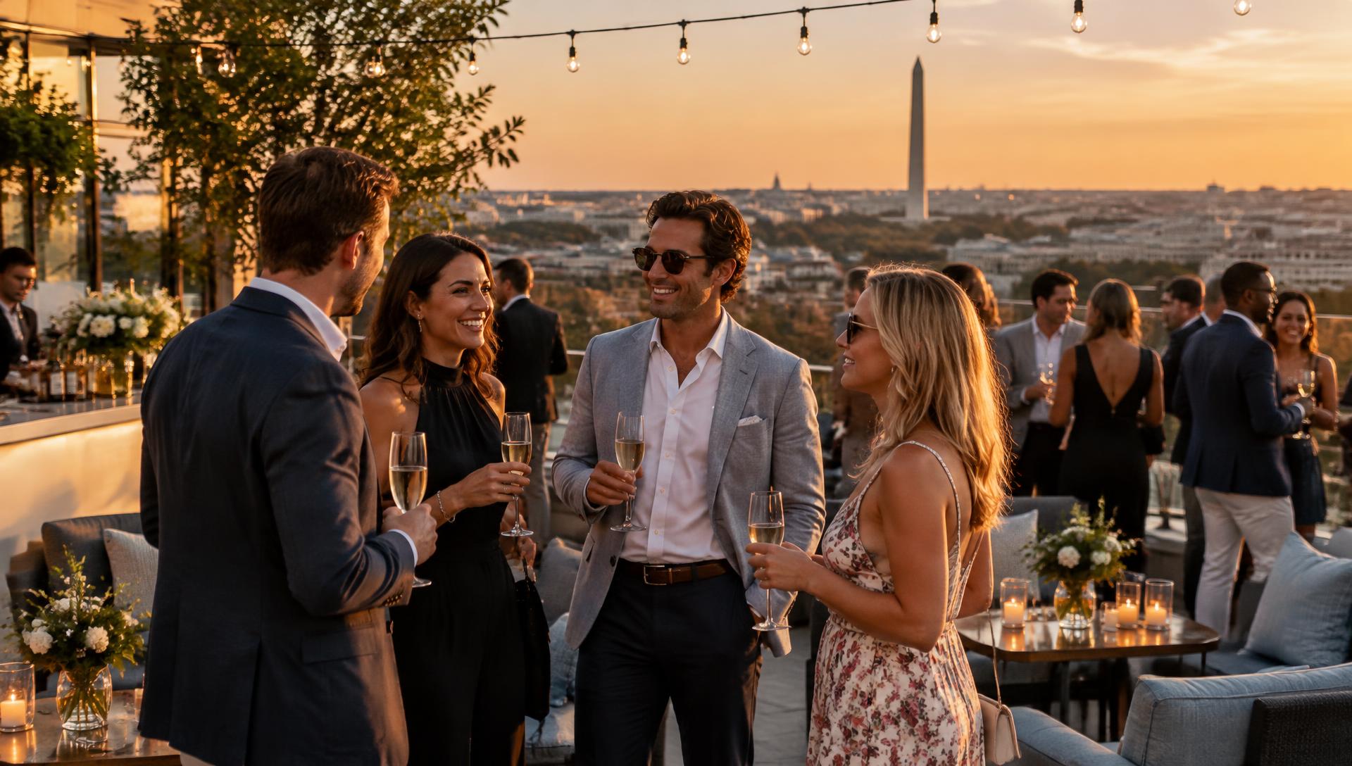 Guests mingling on a rooftop at golden hour
